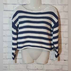 Aerie White Navy Striped Wide Neck Cropped Sweater